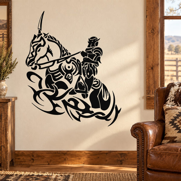 Black tribal horse and knight wall decal with stylized armor and head