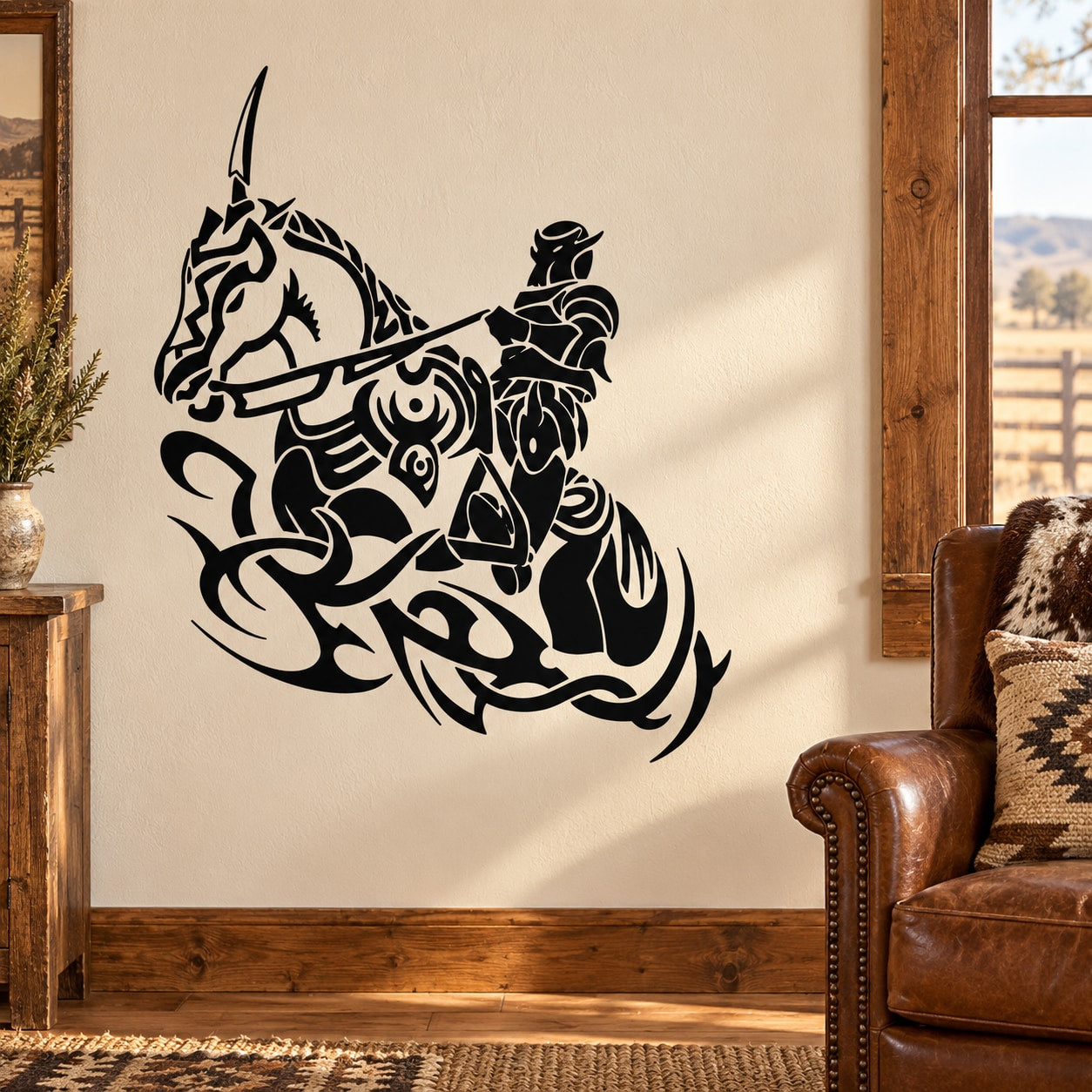 Black tribal horse and knight wall decal with stylized armor and head