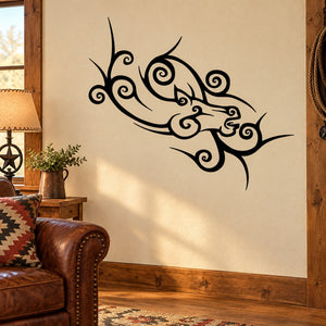 Black horse head swirl decal with spiky mane and ornate vine accents