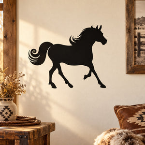 Black pony silhouette wall decal with flowing mane and tail