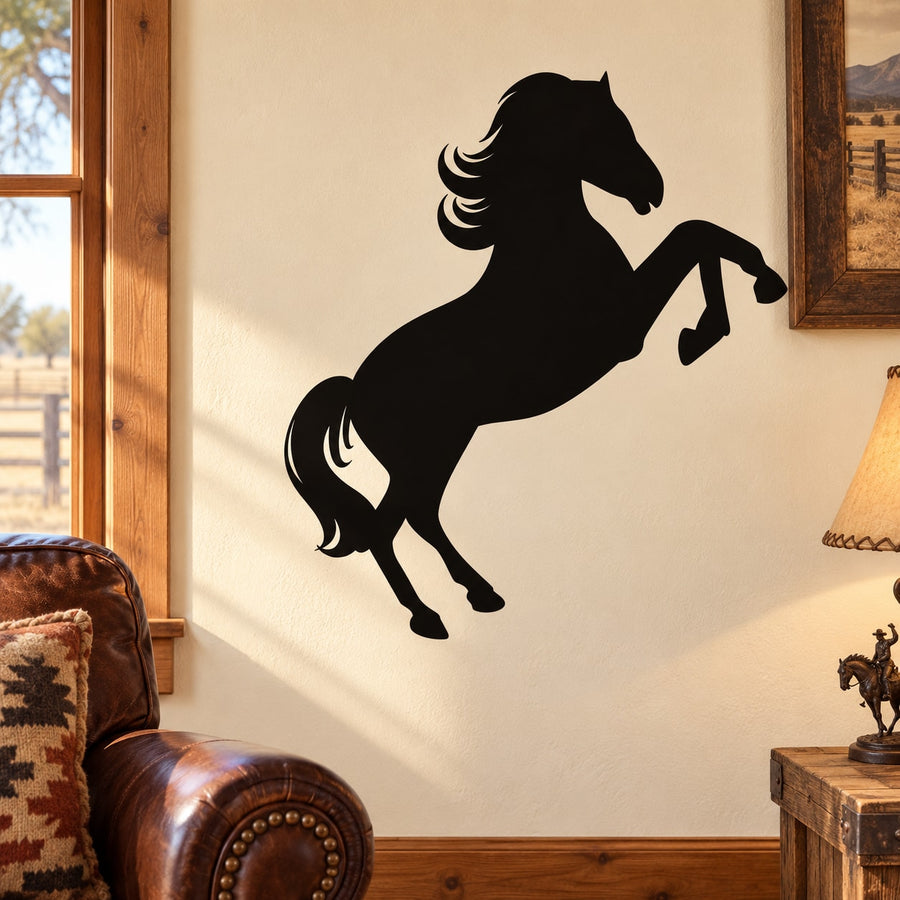 Standing pony silhouette wall decal, black horse with raised tail