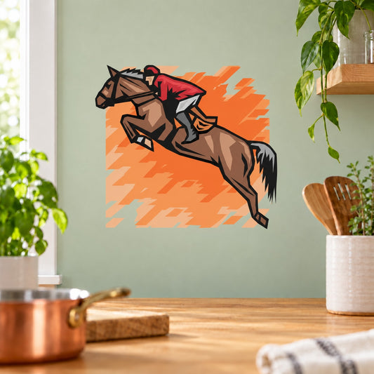 Horse racing vinyl wall decal: stylized dark horse with orange motion burst