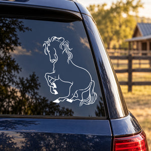 Horse leaning line-art decal sticker, white outline on car window