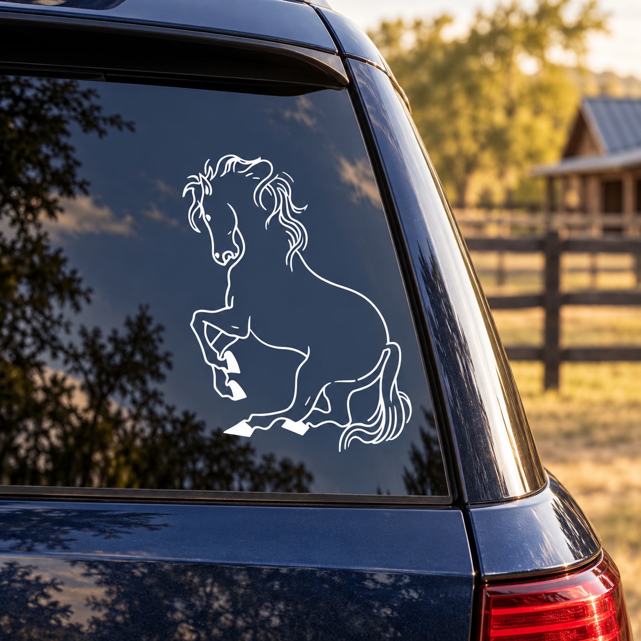 Horse leaning line-art decal sticker, white outline on car window