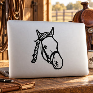 Horse head decal with bridle, black outline on a white background