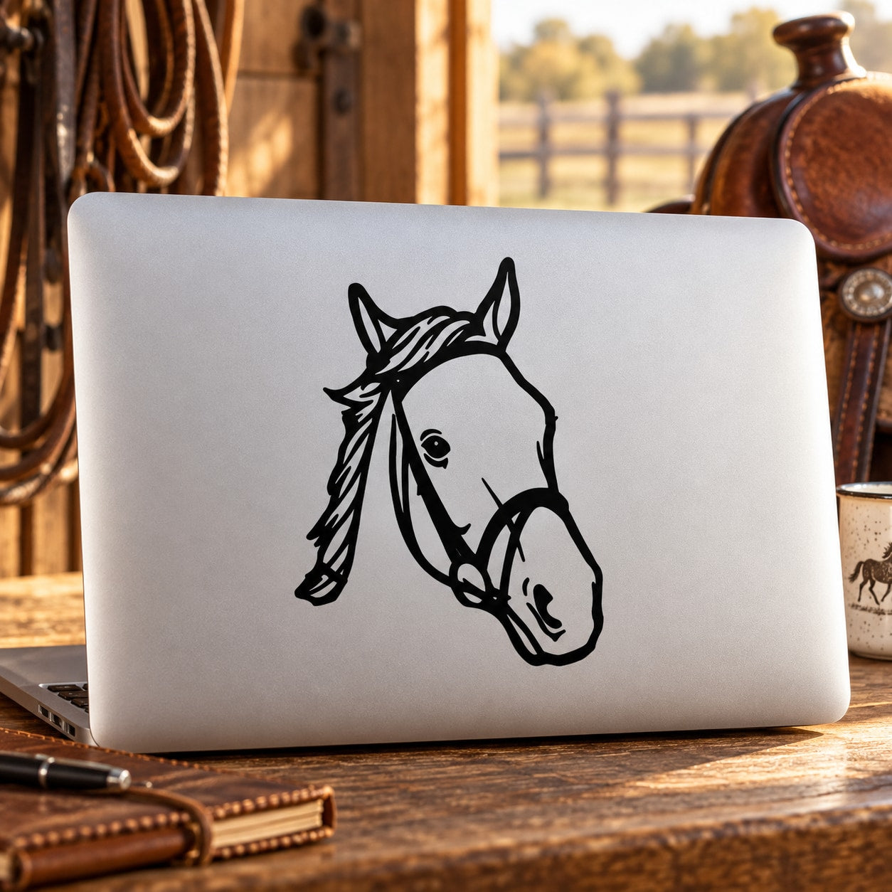 Horse head decal with bridle, black outline on a white background