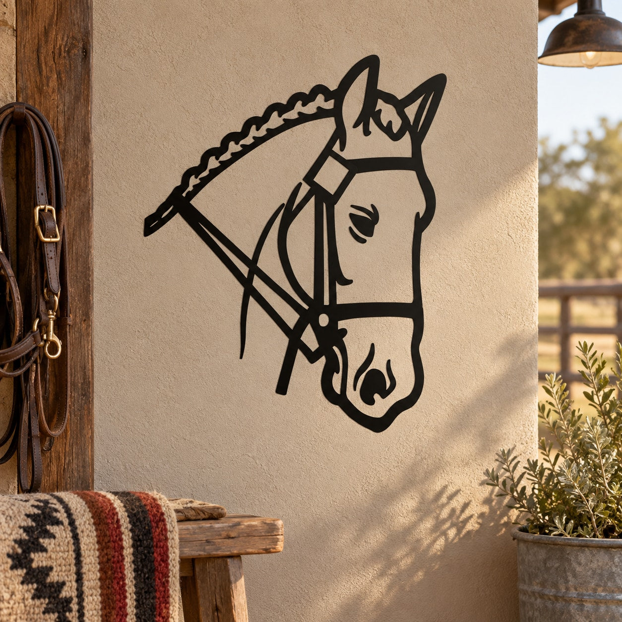 Horse head bridle reins decal, black line art