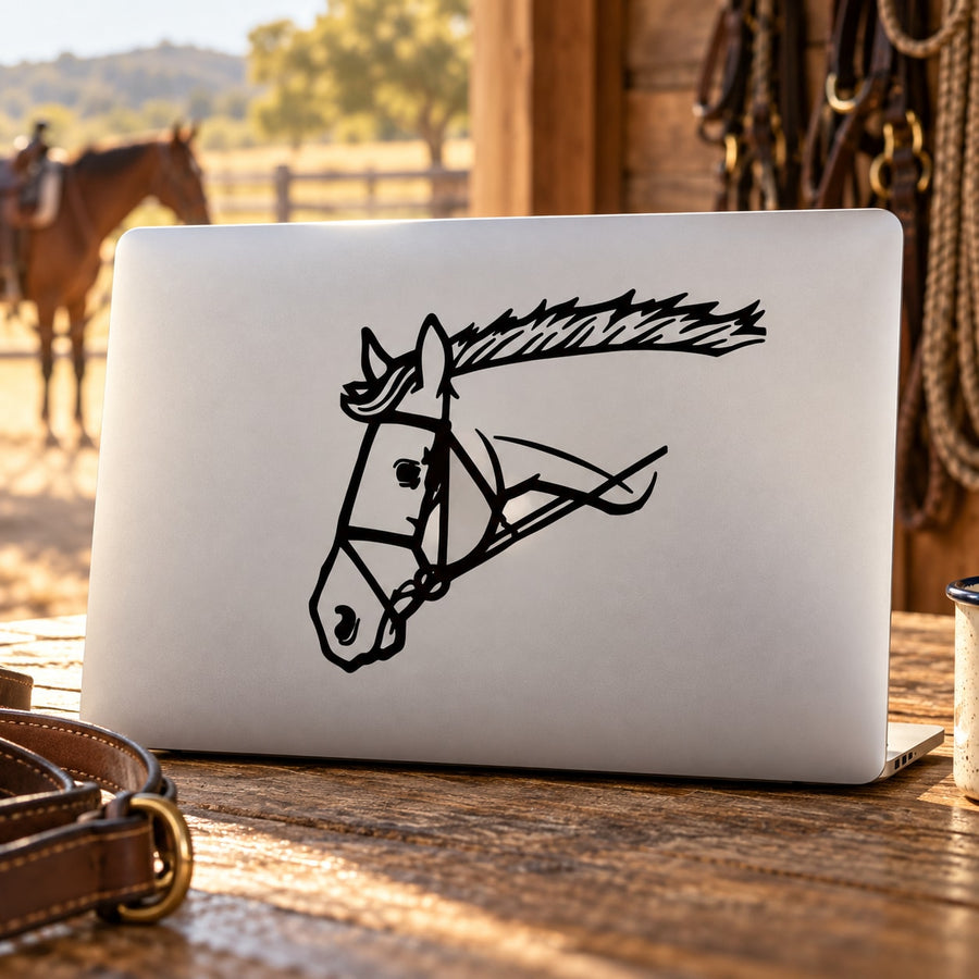 Horse head bridle decal: black line art on white rectangular backing.