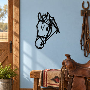 Black horse head bridle decal with detailed mane and bridle lines
