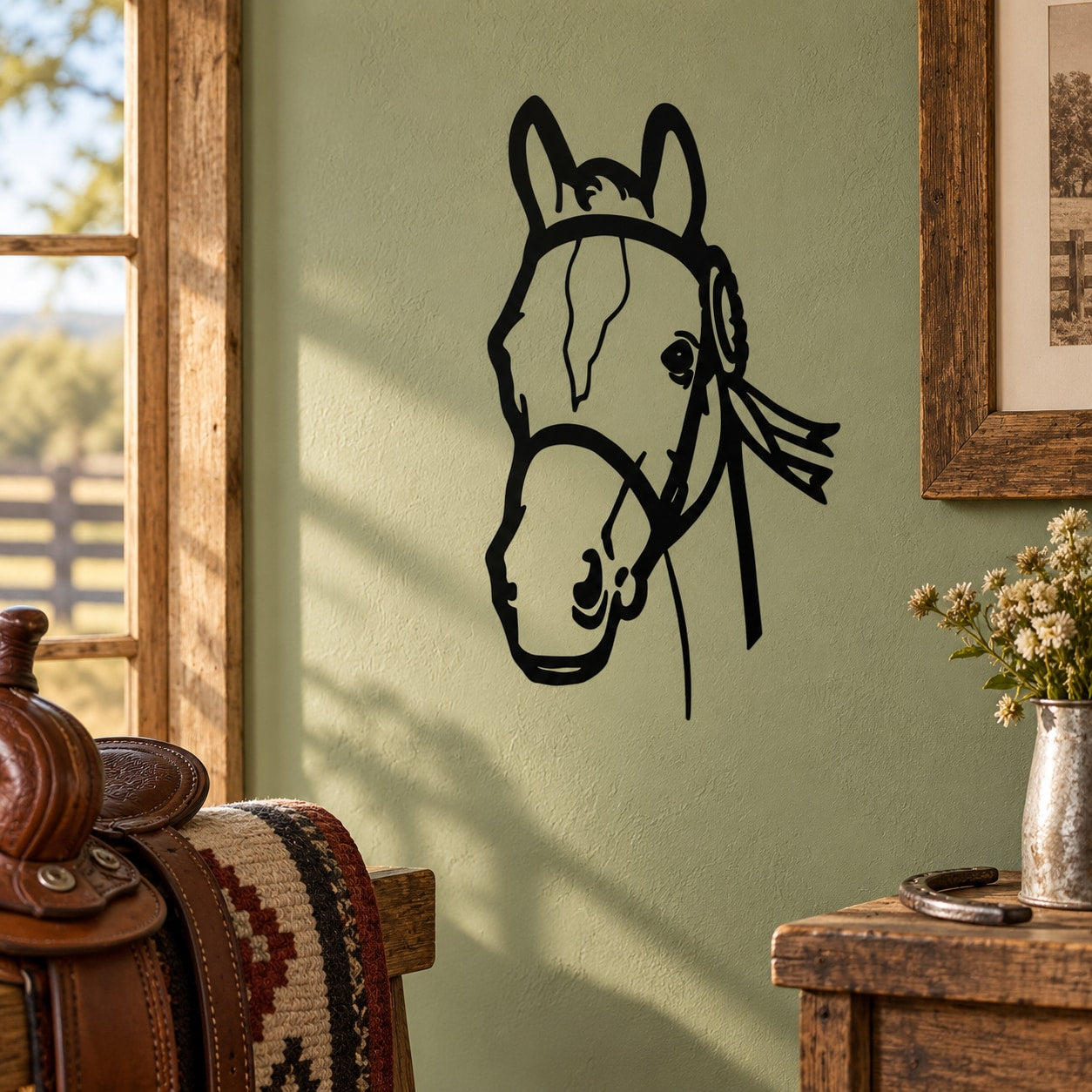 Black horse head with bridle bow tie decal