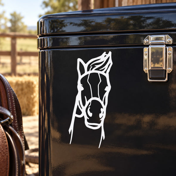 Horse head bridle decal, white outline on dark surface