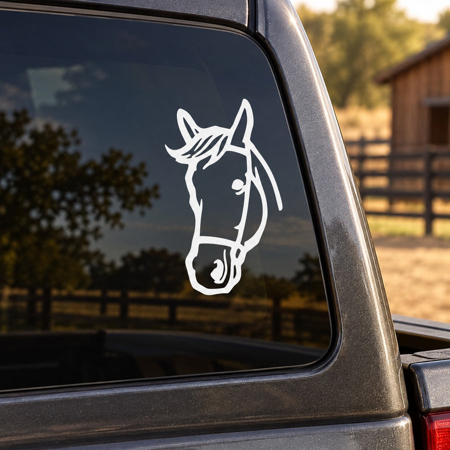 Horse head bridle decal sticker in white on vehicle window glass