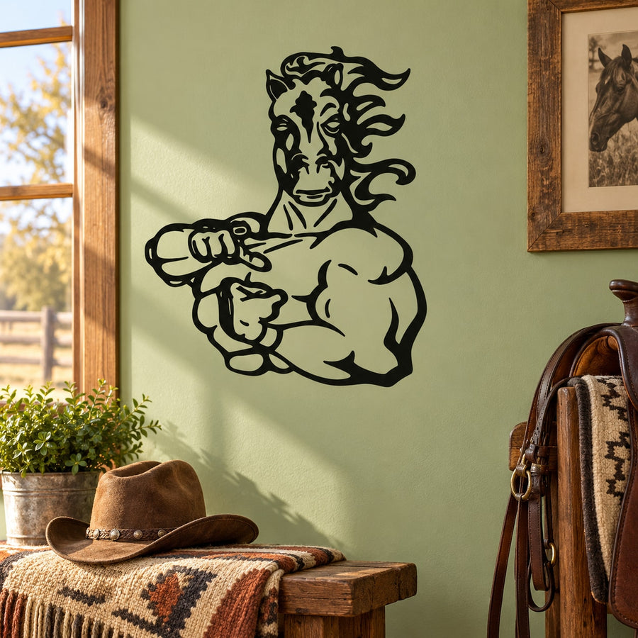 Black muscular horse warrior wall decal, raised fist and long mane design