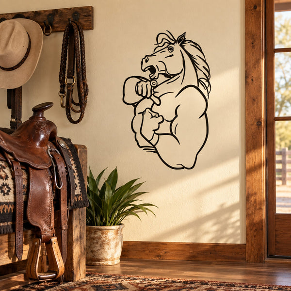 Flexing muscle horse wall decal, black outline of rearing horse with biceps
