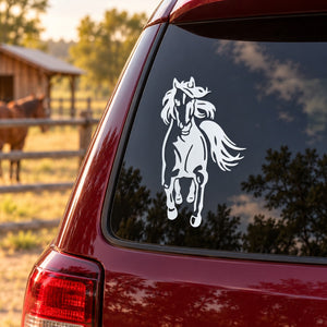 White horse decal sticker with rearing pose on a car window