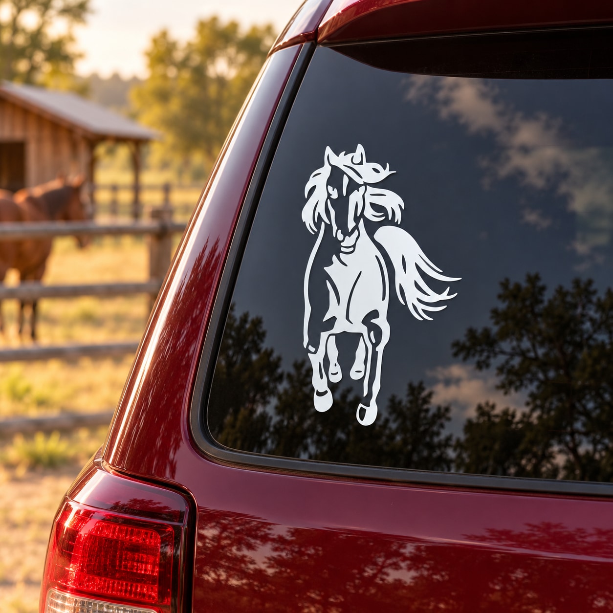 White horse decal sticker with rearing pose on a car window