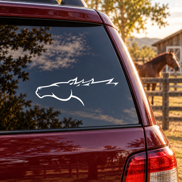 White horse head decal on car window glass