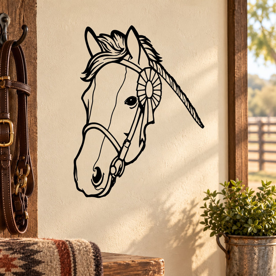 Horse head decal with bridle and ear detailing, black outline design