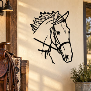 Black horse head decal with bridle and flowing mane