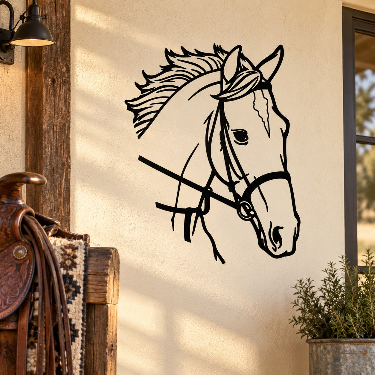 Black horse head decal with bridle and flowing mane