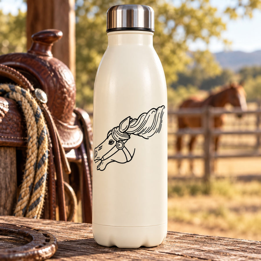 Horse head decal on white metal water bottle