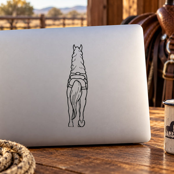 Walking horse decal, black line-art figure with flowing tail and legs
