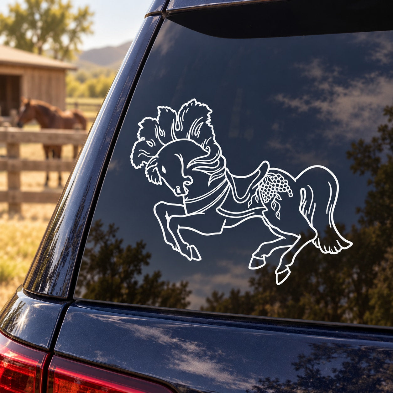 Fancy carousel horse decal with white line-art outline on a window