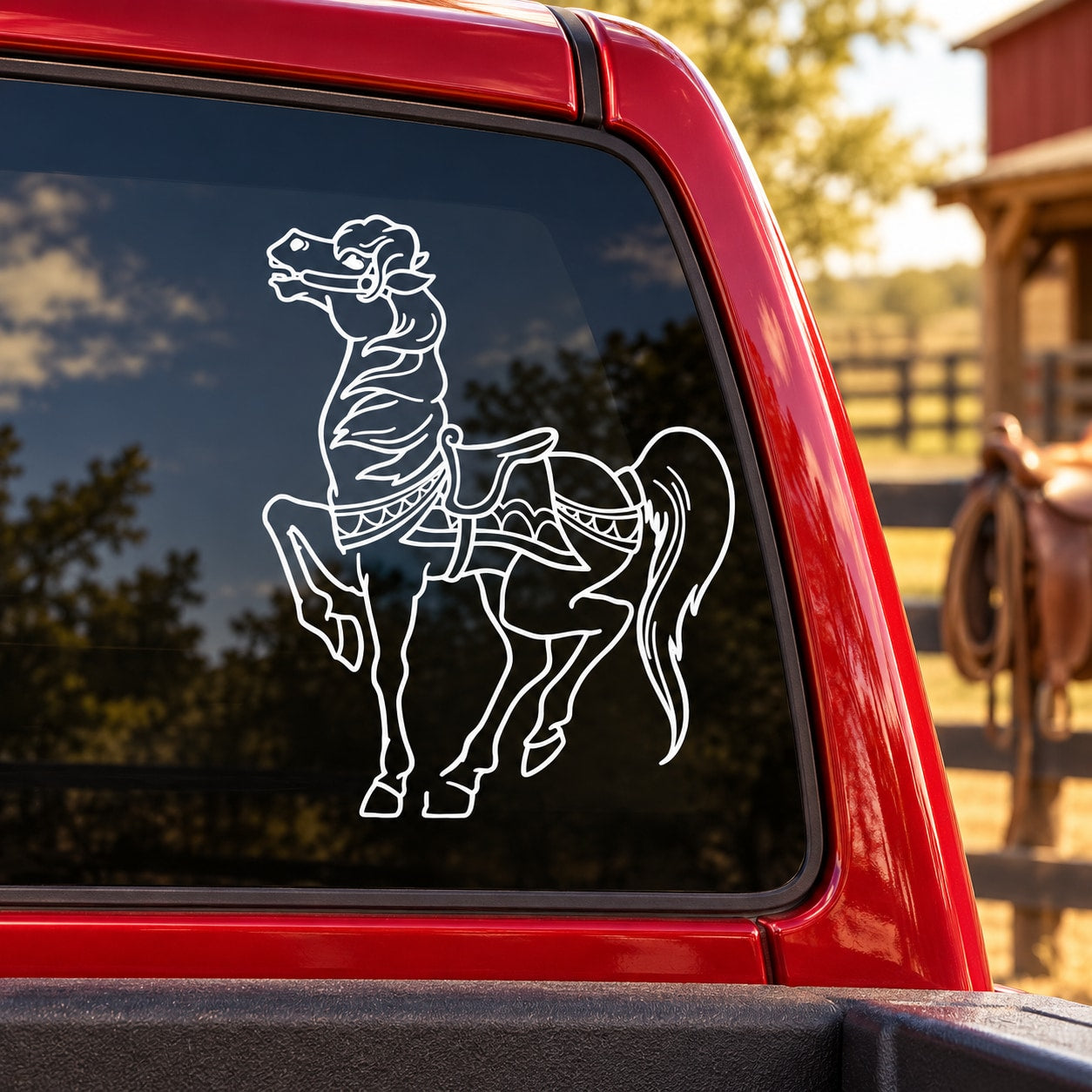 Horse line-art vehicle decal on dark window, standing fancy neighing design