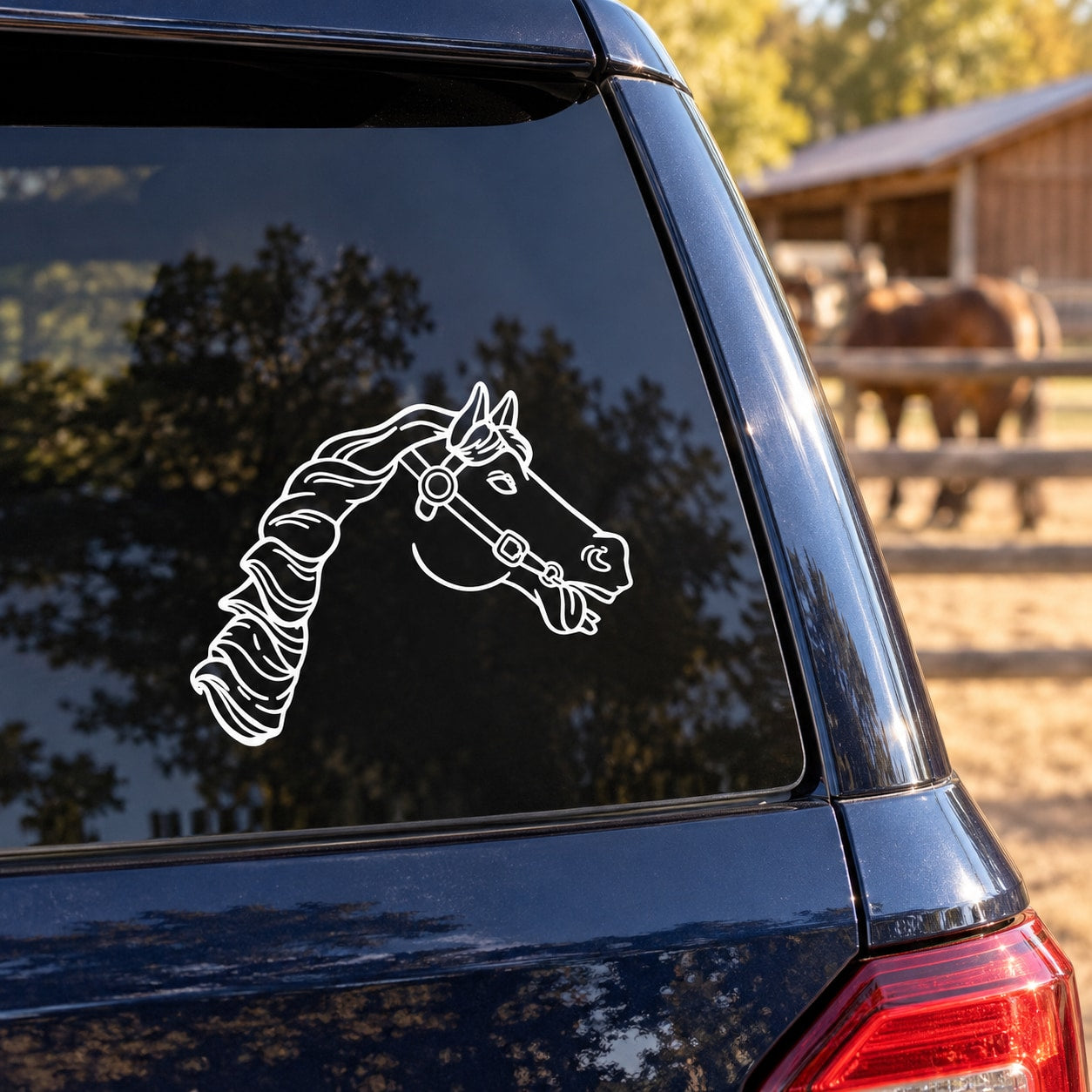 Horse head line-art decal for car window, white outline
