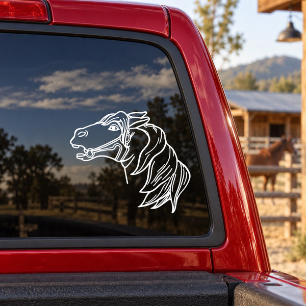 Horse head decal sticker with outlined line art on a vehicle window