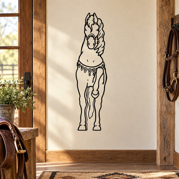 Horse decal sticker with black line-art figure and mane, front view