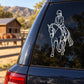 Equestrian rider and horse decal with white line-art rider in hat on horseback