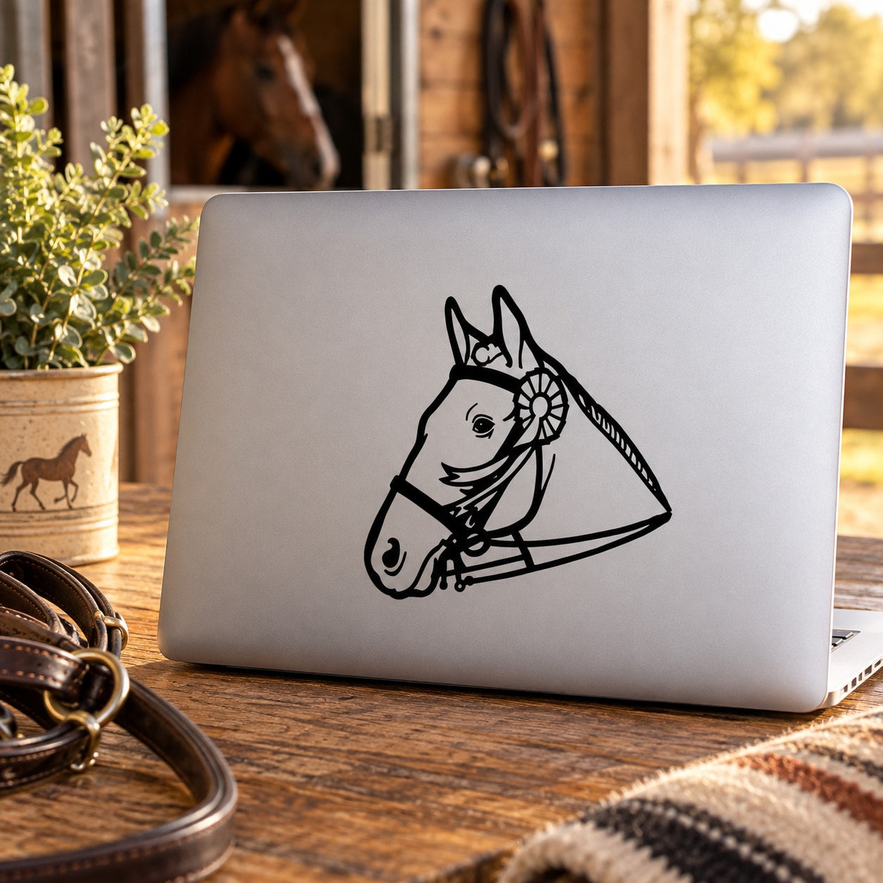 Horse and bridle ribbon decal featuring a black horse head design on a laptop