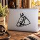 Horse and bridle ribbon decal featuring a black horse head design on a laptop