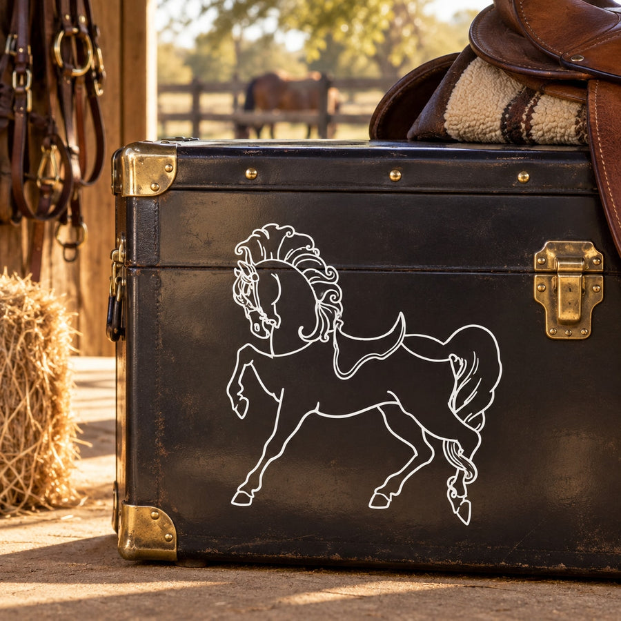 Horse decal with white outline of a rearing fancy-mane horse and flowing tail