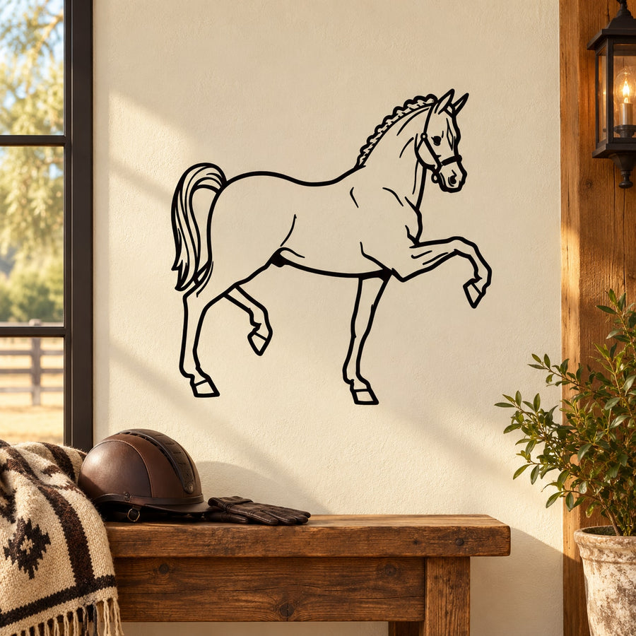 Black outline horse walking wall decal with legs mid-stride and raised tail
