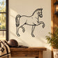 Black outline horse walking wall decal with legs mid-stride and raised tail