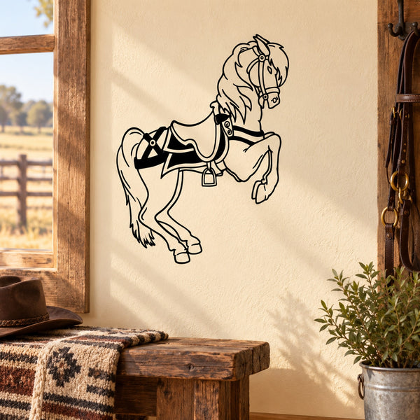 Jumping horse decal with black outline design of a horse mid-air
