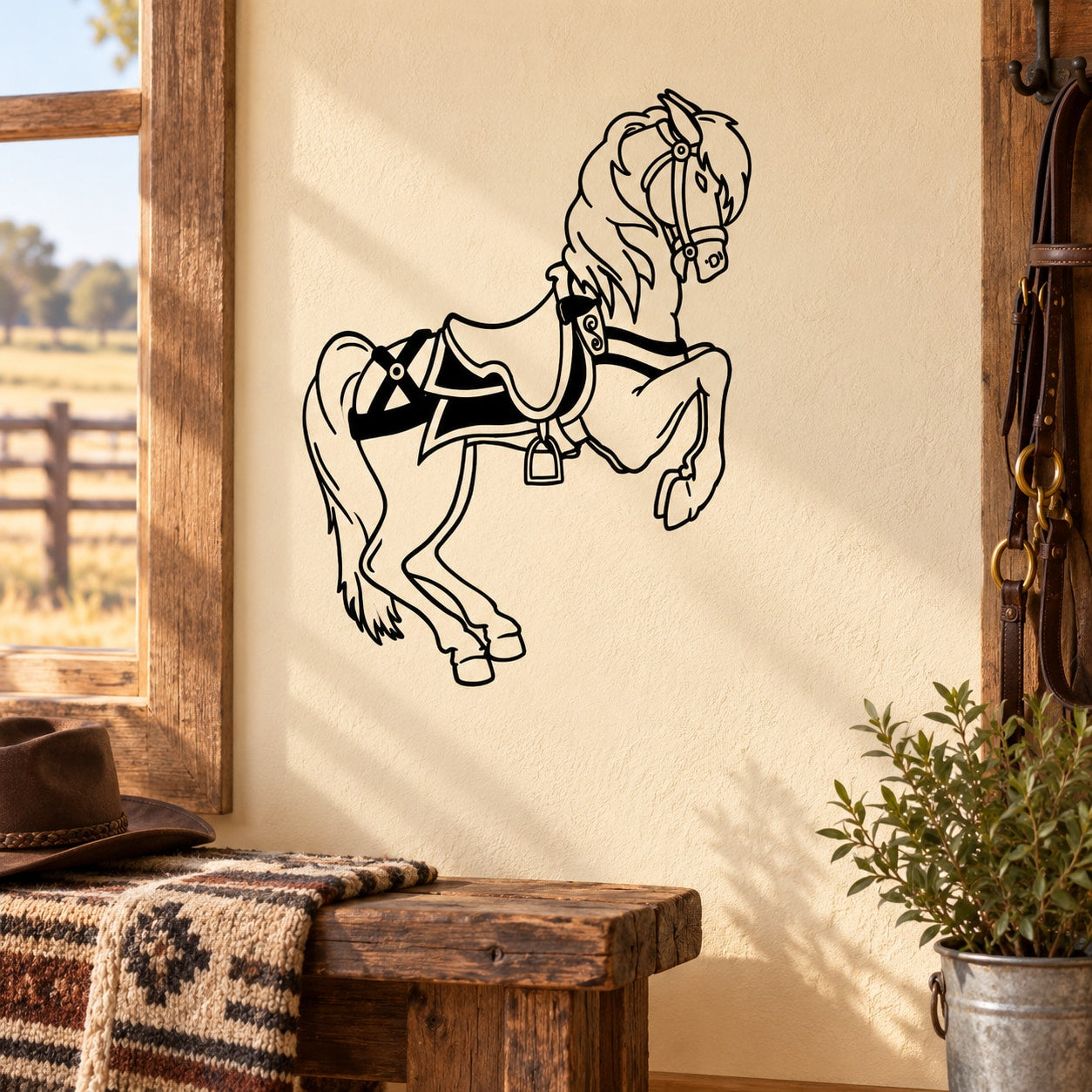 Jumping horse decal with black outline design of a horse mid-air