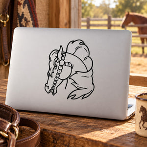 Horse head decal with stylized white-and-black mane and bridle, outline design