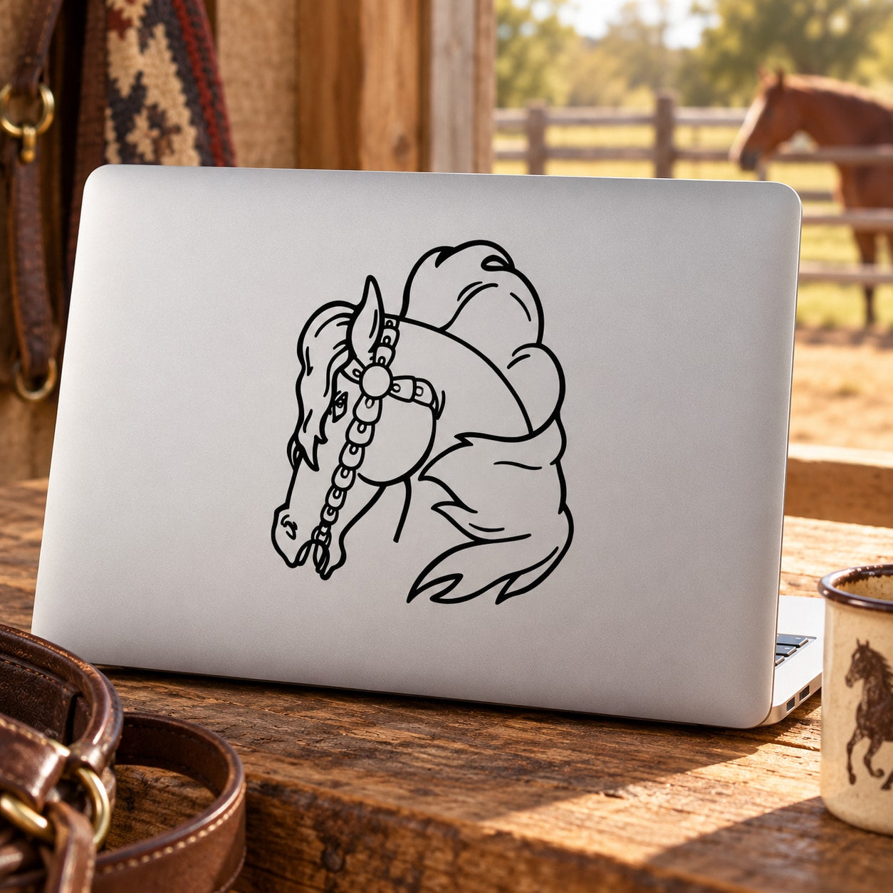 Horse head decal with stylized white-and-black mane and bridle, outline design