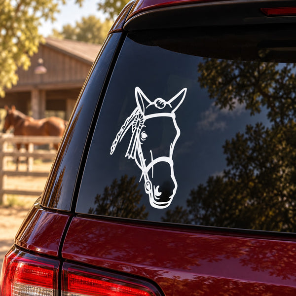White horse head decal sticker on the rear car window glass