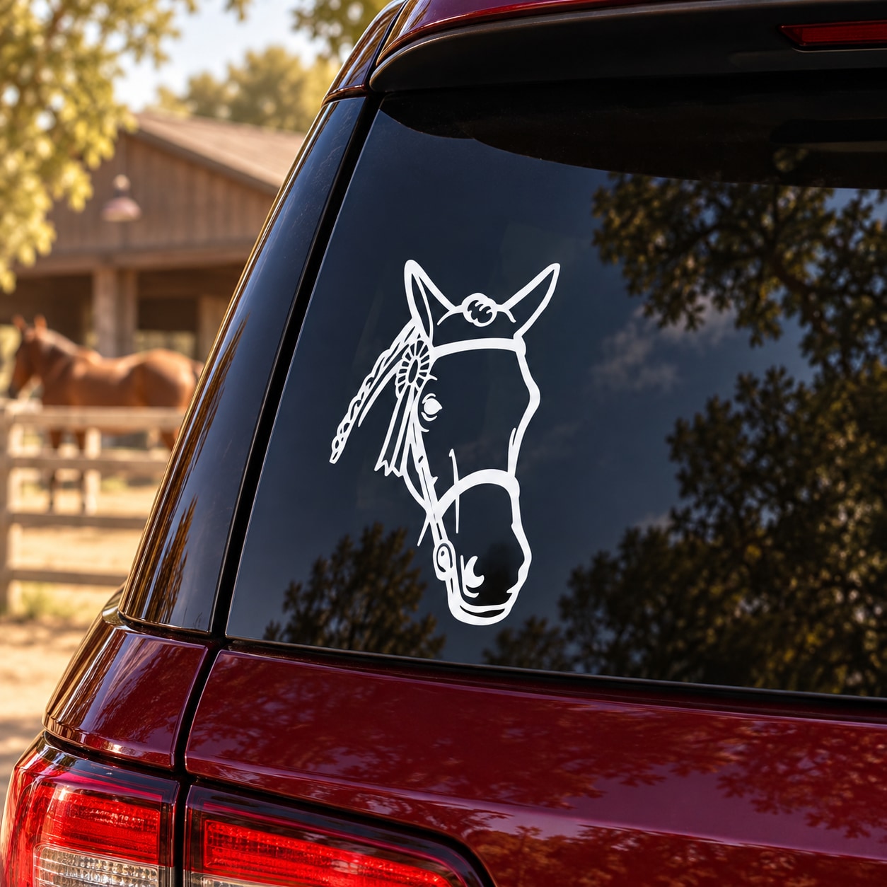 White horse head decal sticker on the rear car window glass