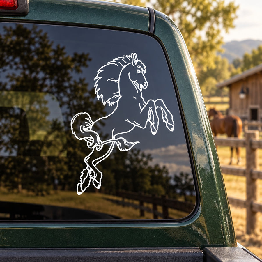 White outline decal of a rearing horse with a long curly tail