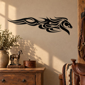 Black horse head fire swirl wall decal with flowing flames design