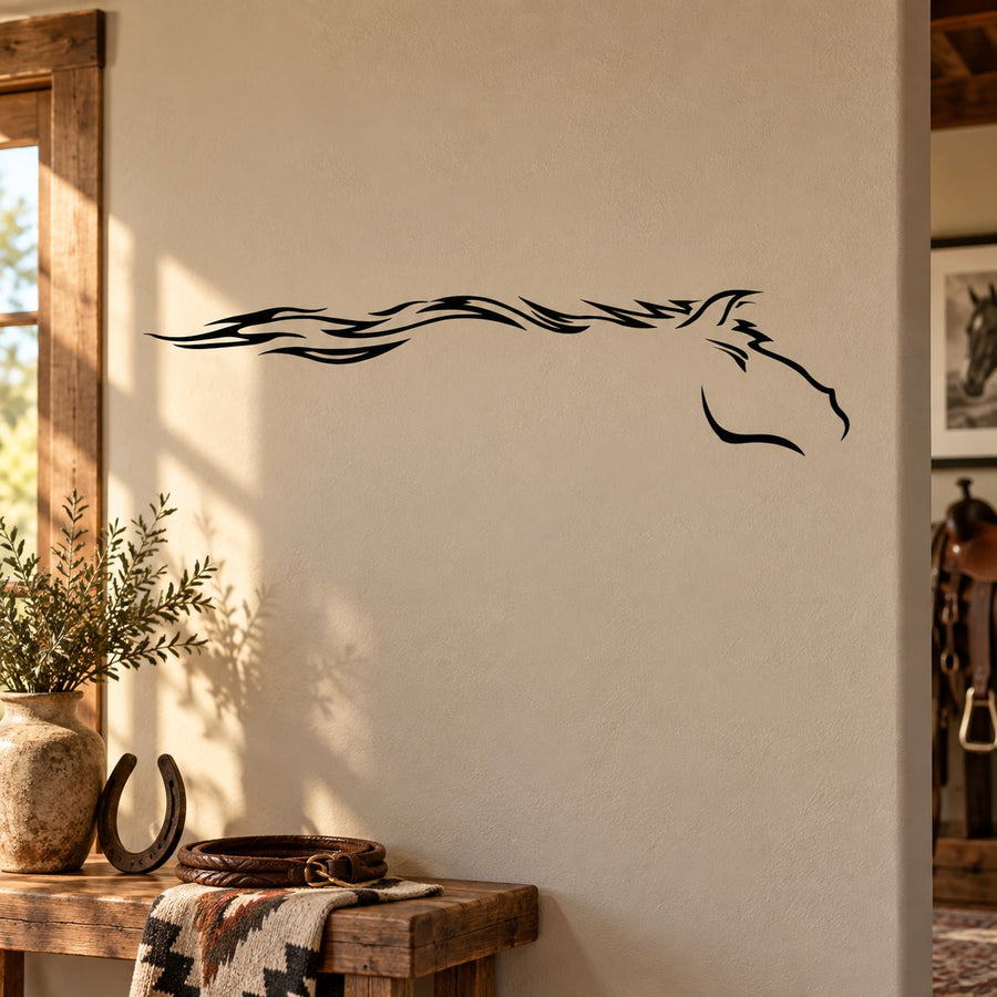 Black horse head decal with flowing mane, minimal line art style