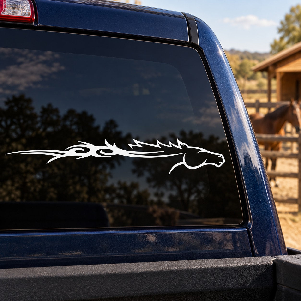 Tribal horse head decal with sprinting line art on car rear window