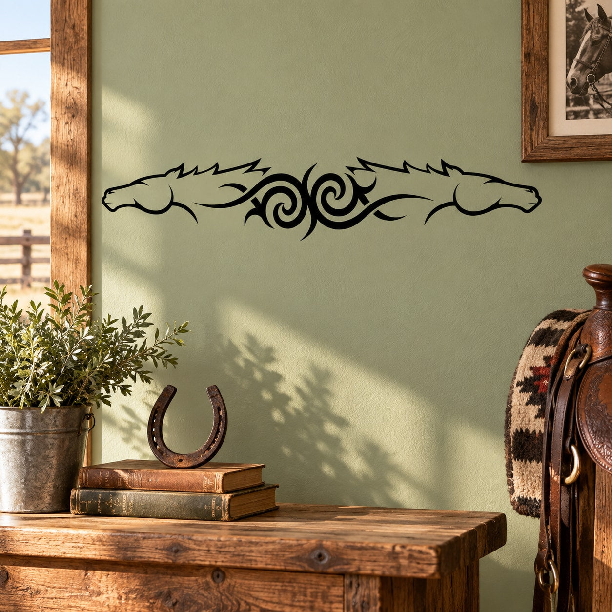 Tribal horse head wall decal with double swirl ornament