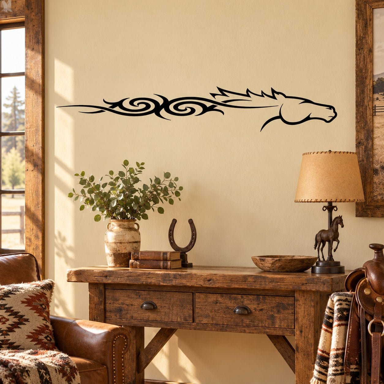 Tribal swirl horse head wall decal, black