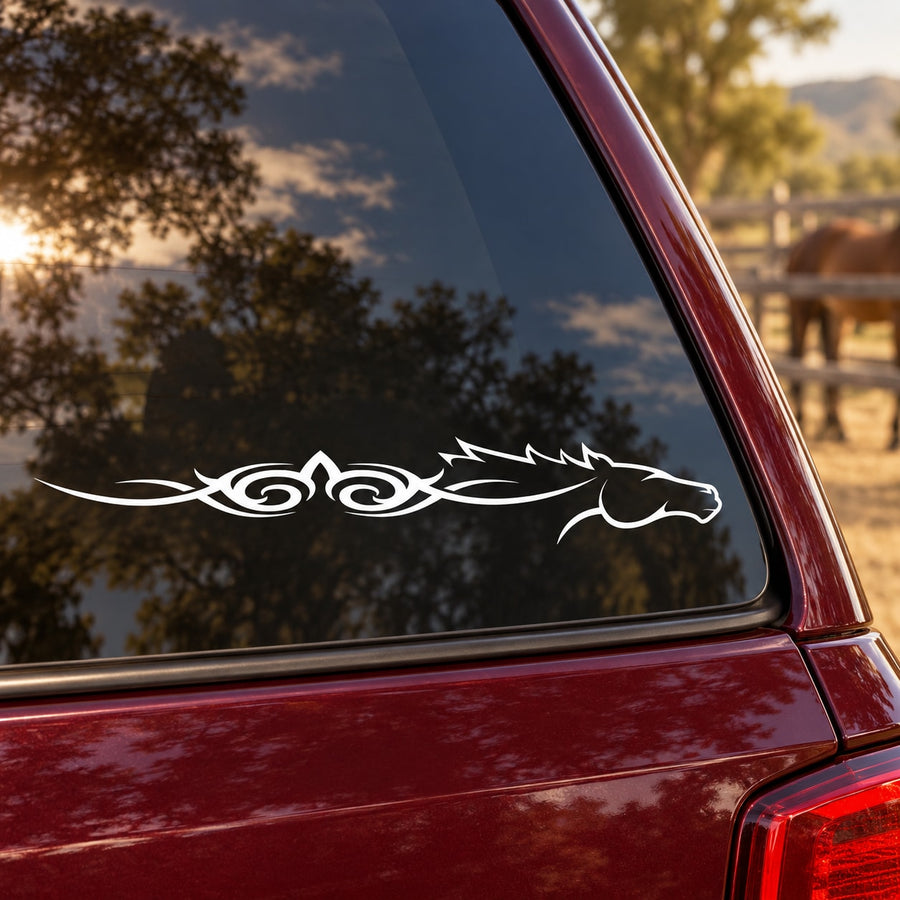 Tribal horse head swirl window decal with black-and-white design
